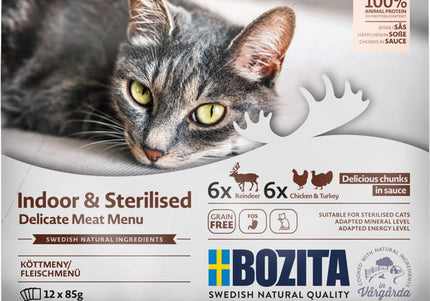 Bozita Indoor & Sterilised Cat Food – Chicken, Turkey, Reindeer Pieces in Sauce, 85g, 12 Pack