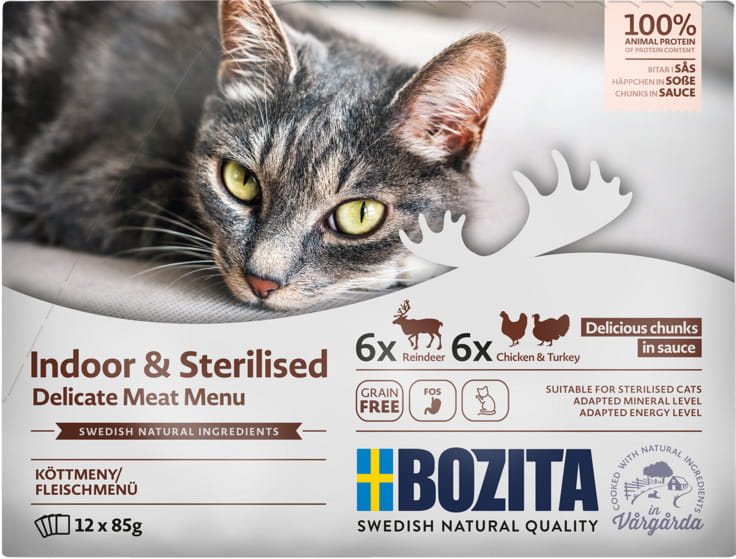 Bozita Indoor & Sterilised Cat Food – Chicken, Turkey, Reindeer Pieces in Sauce, 85g, 12 Pack