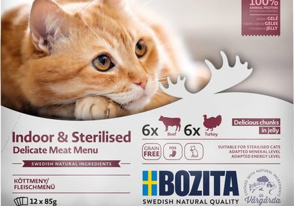 Bozita Indoor & Sterilised Cat Food – Chunks in Jelly with Beef and Turkey, 85g, 12 Pack