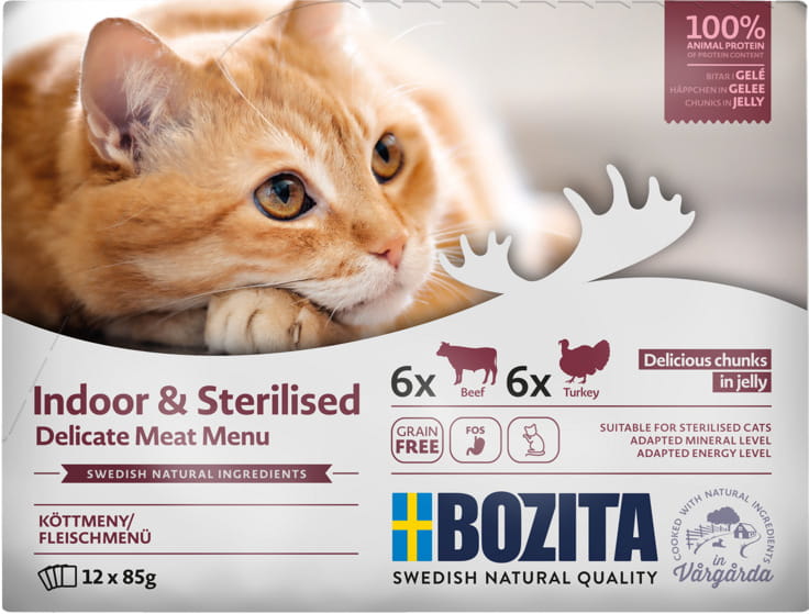 Bozita Indoor & Sterilised Cat Food – Chunks in Jelly with Beef and Turkey, 85g, 12 Pack