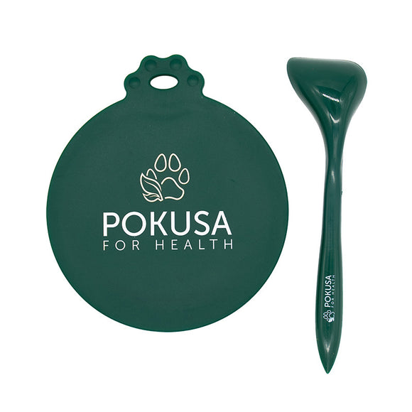 Pokusa Silicone Can Lid with Spoon – Flexible Airtight Cover, Convenient Feeding Accessory