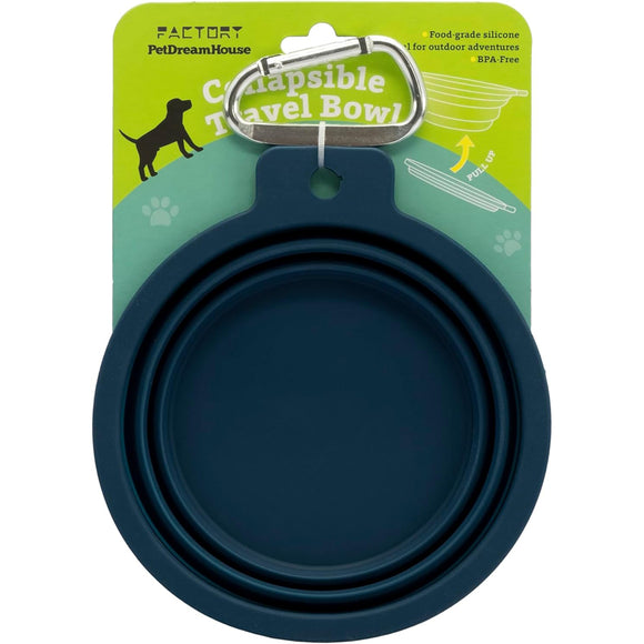 PetDreamHouse Silicone Collapsible Travel Bowl – Foldable 600ml Navy Blue with Lick Mat and Carabiner