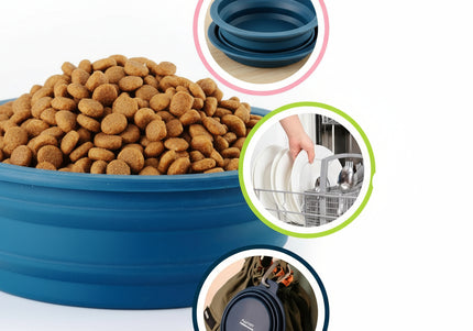 PetDreamHouse Silicone Collapsible Travel Bowl – Foldable 600ml Navy Blue with Lick Mat and Carabiner