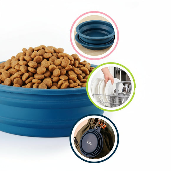 PetDreamHouse Silicone Collapsible Travel Bowl – Foldable 600ml Navy Blue with Lick Mat and Carabiner