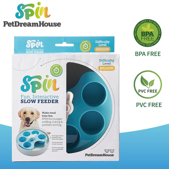 PetDreamHouse Spin Interactive Slow Feed Bowl – Medium Difficulty, Blue, Engaging Mealtime Solution