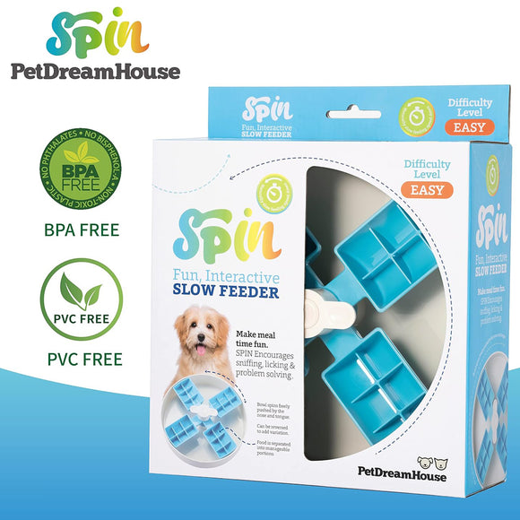 PetDreamHouse Spin Interactive Slow Feed Bowl – Medium Difficulty, Blue, Engaging Mealtime Solution