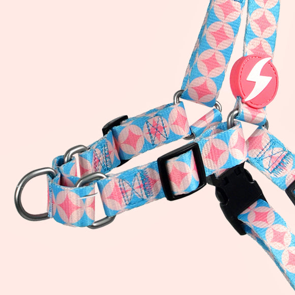 Dashi Coral Front Harness – Norwegian No-Pull Dog Harness, Pink Circle Pattern, Large Size
