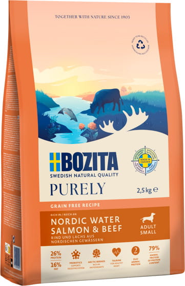 Bozita Purely Adult Small Salmon & Beef Dry Dog Food – Grain-Free, 2.5kg Bag