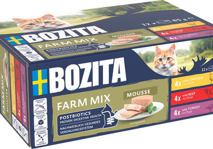 Bozita Mousse Mixed Farm Cat Food – Assorted Farm Flavors, 12x85g Convenient Portions