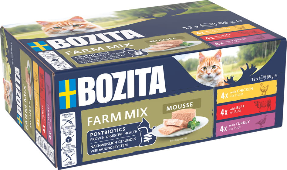 Bozita Mousse Mixed Farm Cat Food – Assorted Farm Flavors, 12x85g Convenient Portions