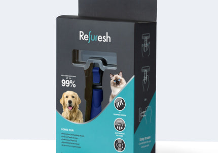 Refuresh Deshedding Brush Long Fur – Blue Medium Size, Ergonomic Grooming Tool