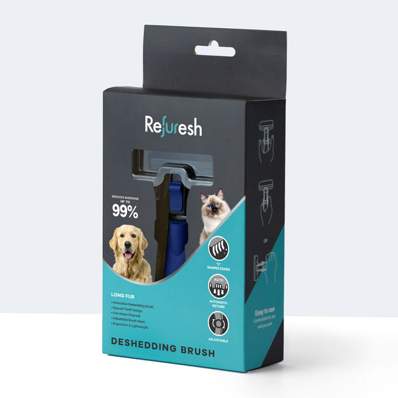 Refuresh Deshedding Brush Long Fur – Blue Medium Size, Ergonomic Grooming Tool