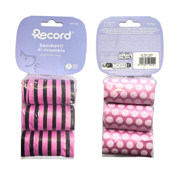 Record Excrement Bags – Pink Patterned Waste Bag Rolls, 6-Pack, Durable Leakproof Design