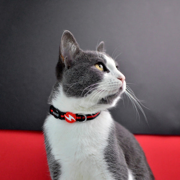 Dashi Stripes Red & Black Cat Collar – Adjustable Nylon Design with Secure Buckle