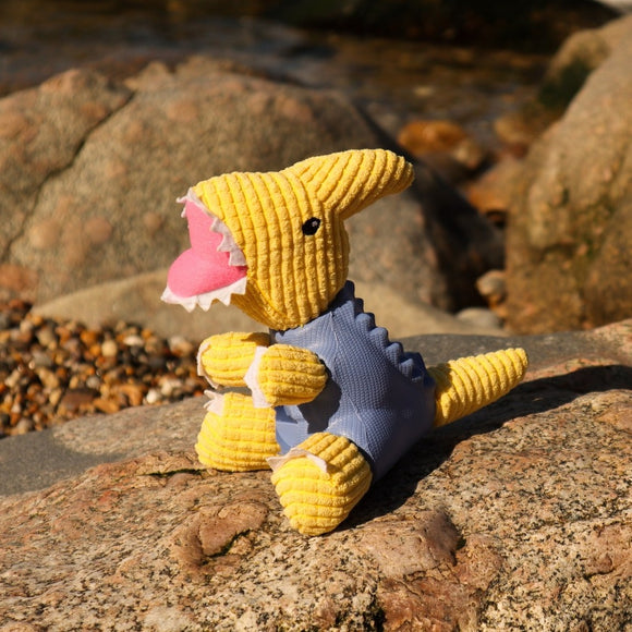 Dashi Parry Dino Toy – Dinosaur-Shaped Treat Slot Toy, Blue and Yellow, Durable Design