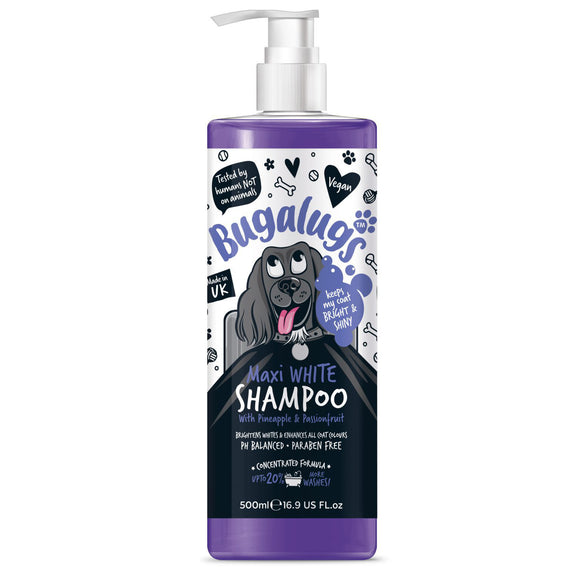 Bugalugs Maxi White Shampoo – Color-Enhancing Formula, Brightens White Coats, 500ml