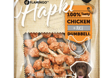 Flamingo Hapki Chicken Rice Dumbbell Treats – Chicken, Rice, Cowhide, 150g, Tasty Chew Snack