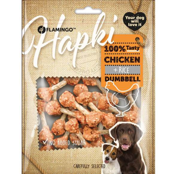 Flamingo Hapki Chicken Rice Dumbbell Treats – Chicken, Rice, Cowhide, 150g, Tasty Chew Snack