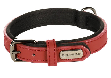 Flamingo Binti Red Leather Collar – Natural Leather with Neoprene Lining, Medium Size