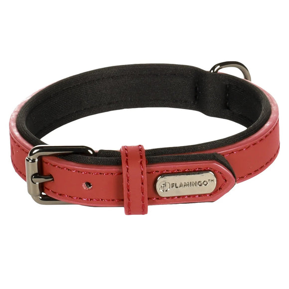 Flamingo Binti Red Leather Collar – Natural Leather with Neoprene Lining, Medium Size