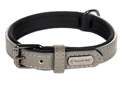 Flamingo Binti Grey Leather Dog Collar – Natural Leather with Neoprene Lining, S/M Size