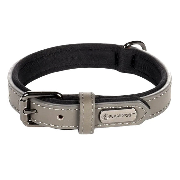 Flamingo Binti Grey Leather Dog Collar – Natural Leather with Neoprene Lining, S/M Size