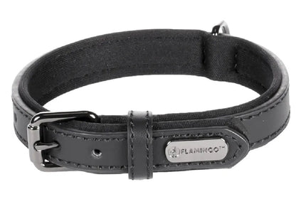 Flamingo Binti Black Leather Dog Collar – Natural Leather with Neoprene Lining, XS Size