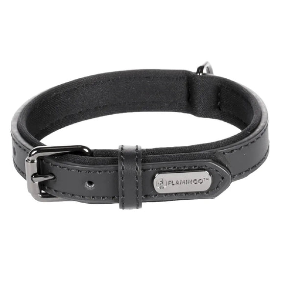 Flamingo Binti Black Leather Dog Collar – Natural Leather with Neoprene Lining, XS Size