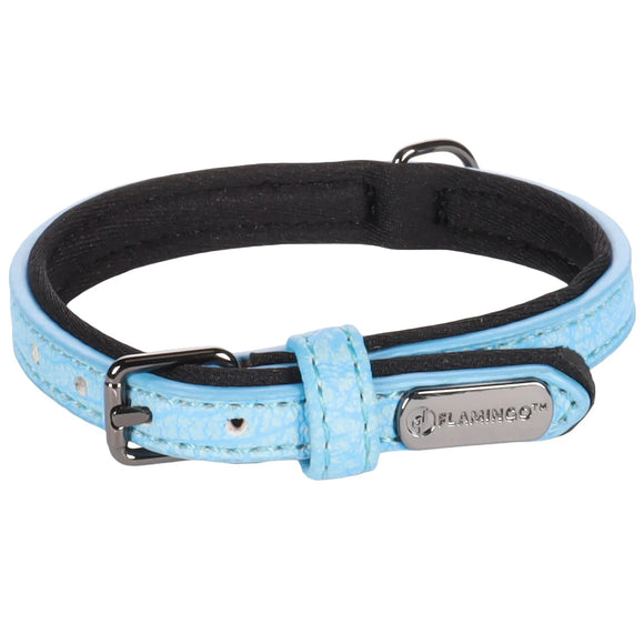 Flamingo Leza Blue Dog Collar – Small Size, Artificial Leather and Neoprene Lining