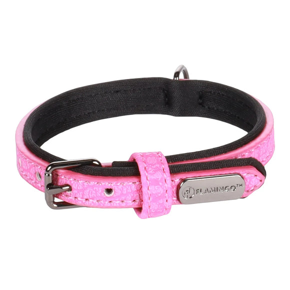 Flamingo Leza Pink Dog Collar XS – Padded Faux Leather and Neoprene, Soft Comfort Design