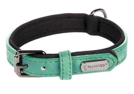 Flamingo Delu Green Dog Collar – Eco-Leather and Neoprene, Lined, XS/S Size