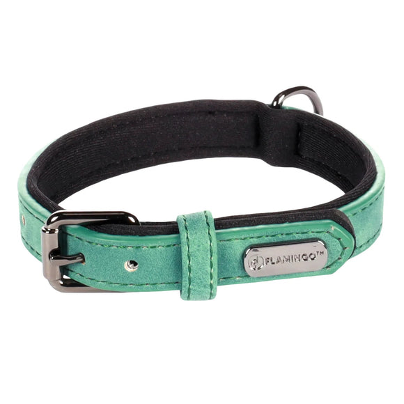 Flamingo Delu Green Dog Collar – Eco-Leather and Neoprene, Lined, XS/S Size