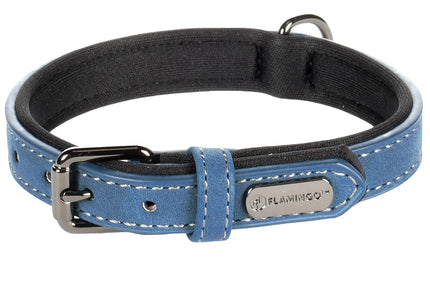 Flamingo Delu Blue Dog Collar – Eco-Leather and Neoprene, Lined, S/M Size, Comfortable Fit