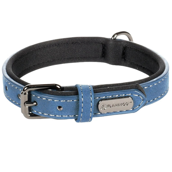 Flamingo Delu Blue Dog Collar – Eco-Leather and Neoprene, Lined, S/M Size, Comfortable Fit