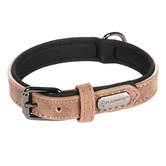 Flamingo Delu Brown Padded Dog Collar – Eco Leather and Neoprene, Small Size