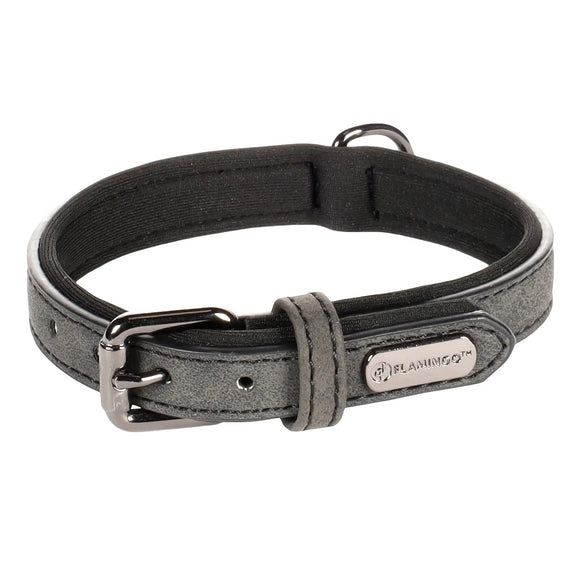 Flamingo Delu Black Padded Dog Collar – Eco Leather and Neoprene, XL, Comfortable Fit