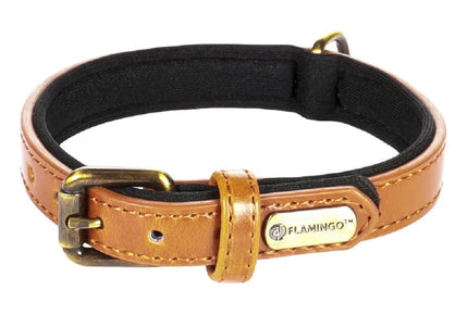 Flamingo Lyabo Cognac Padded Dog Collar – Eco Leather and Neoprene, XL, Comfortable Design
