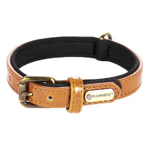 Flamingo Lyabo Cognac Padded Dog Collar – Eco Leather and Neoprene, XL, Comfortable Design