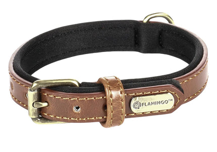 Flamingo Lyabo Padded Dog Collar – Eco Leather and Neoprene, Brown, Medium/Large
