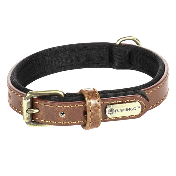 Flamingo Lyabo Padded Dog Collar – Eco Leather and Neoprene, Brown, Medium/Large
