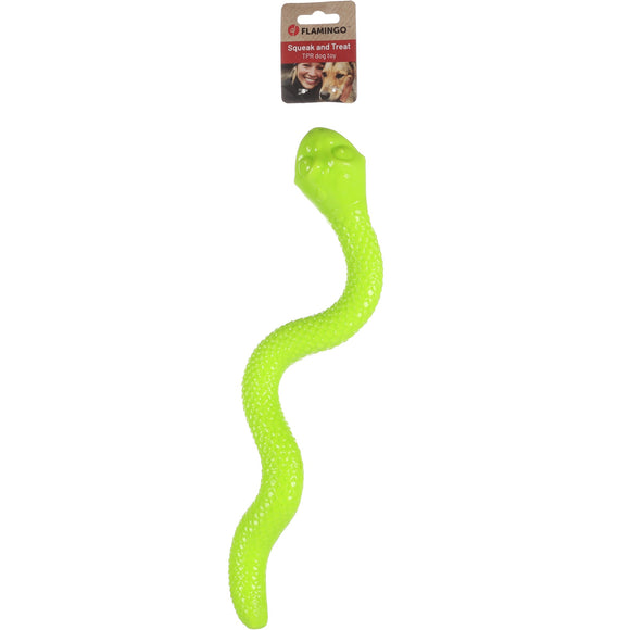 Flamingo Sneaky Snake Dog Toy – 42cm Rubber Treat Dispenser with Squeaker, Lime Green
