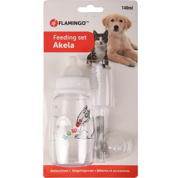 Flamingo Akela Feeding Set 140ml – Bottle with Two Teats and Cleaning Brush, Ideal for Small Pets