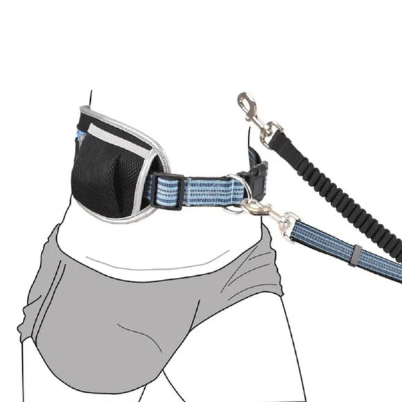 Flamingo Rono Jogging Leash – Cushioned Blue Dog Leash with Adjustable Hip Belt and Storage Pockets