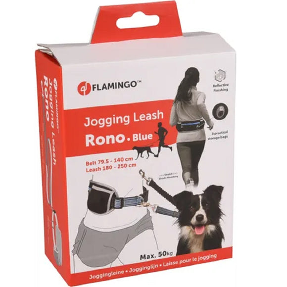 Flamingo Rono Jogging Leash – Cushioned Blue Dog Leash with Adjustable Hip Belt and Storage Pockets