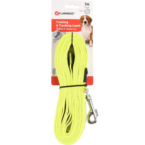 Flamingo Xeno Training Tracking Leash – Neon Yellow, 10m, Rubber Lined, High-Visibility Design