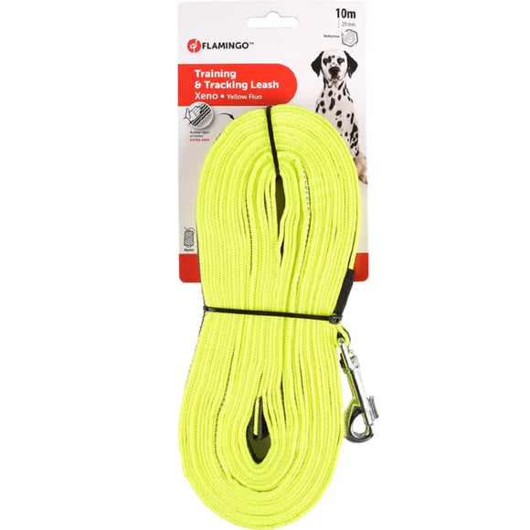 Flamingo Xeno Training Tracking Leash – Neon Yellow, 10m, Rubber Lined, High-Visibility Design