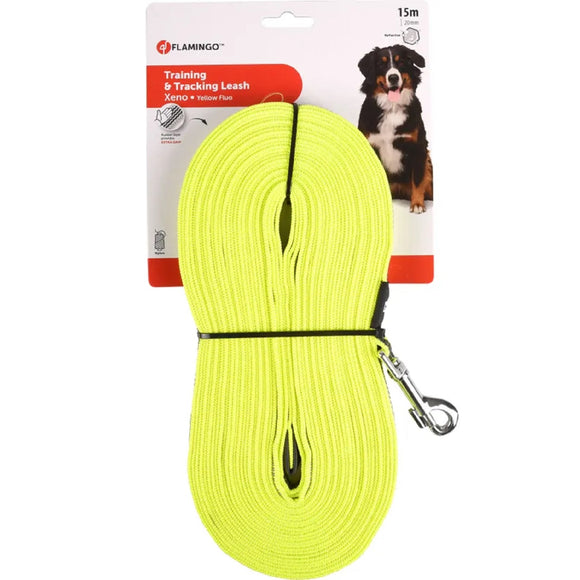 Flamingo Xeno Training Tracking Leash – Neon Yellow, 10m, Rubber Lined, High-Visibility Design
