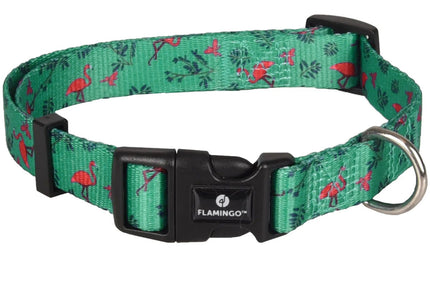 Flamingo Samar Green Dog Collar – Adjustable, Colorful Flamingo and Leaf Pattern, Medium Size