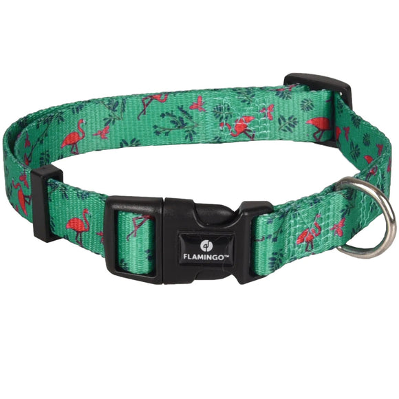 Flamingo Samar Green Dog Collar – Adjustable, Colorful Flamingo and Leaf Pattern, Medium Size