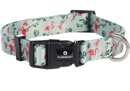 Flamingo Samar Light Green Dog Collar – Adjustable, Colorful Flamingo and Leaf Pattern, Large Size